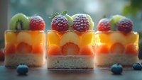 Fresh fruit dessert with layers of cream, sponge cake and berries topped with raspberries and kiwi slices, served in individual portions on wooden surface.