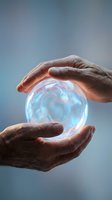Protective hands cupping glowing crystal sphere with rainbow reflections symbolizing care, protection, energy healing and spiritual wellness concepts.