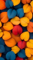 Vibrant autumn leaves in blue, yellow, orange and red create striking contrast on dark background. Natural seasonal pattern for decorative designs and wallpapers.