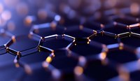 Molecular structure visualization with glowing connections on dark background showing chemical bonds and atoms in purple and orange tones for science concept.