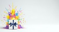 Colorful paint explosion bursting from white gift box with blue ribbon bow on white background, isolated design element for celebrations, holidays, and festive occasions.