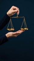 Hands holding golden brass scales of justice against dark blue background representing law, legal system, fairness, equality and judicial balance.