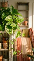 Variegated pothos hanging plant with green and yellow leaves in modern home interior with warm natural lighting and cozy living room background.