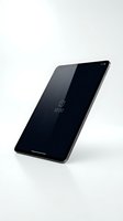Modern black tablet computer with dark screen displaying time on clean white background for technology and digital device presentations.