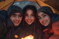 Young diverse friends smiling around campfire at dusk, wearing winter beanies and jackets, sharing cozy moment inside orange tent during outdoor adventure.