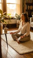 Middle-aged woman meditating on mat in sunlit room with plants, books, and coffee cup nearby for wellness and mindfulness lifestyle content.