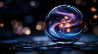 Magical glass sphere with swirling purple and blue light trails against dark background with bokeh lights, creating mystical cosmic atmosphere. Perfect for spiritual concepts.