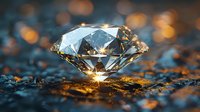 Brilliant cut diamond with light reflections on dark textured surface, sparkling with golden bokeh highlights in dramatic macro photography.