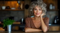 Mature Caucasian woman with silver curly hair smiling in kitchen interior, wearing brown top, natural beauty and confidence radiating while relaxing at home.