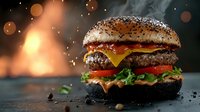 Juicy cheeseburger with melted cheese, fresh vegetables and black bun on dark background with bokeh lights and copy space for restaurant menu.