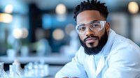 African American male scientist in lab coat and safety glasses working in modern research laboratory with glassware and equipment, expressing confidence and expertise.