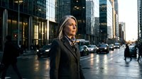 Professional blonde businesswoman in elegant coat standing confidently on busy urban street during golden hour with modern skyscrapers and city traffic.