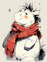 Cute cartoon pony wearing cozy red winter scarf, smiling with rosy cheeks and messy mane, sketchy artistic style on light background. Great for children decor.