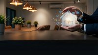 Hand holding glowing house icon with digital particles in modern office workspace, symbolizing real estate investment, property protection, and smart home technology solutions.