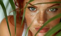 Close-up portrait of young woman with freckles and heterochromia eyes peeking through green palm leaves, creating natural beauty aesthetic.