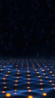 Glowing orange nodes connected by blue light streams on dark background, representing digital network, artificial intelligence and technological connections.
