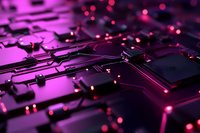Glowing purple circuit board with red LED lights creating futuristic technology background, macro photography showing electronic components and pathways.