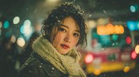 Young Asian woman with curly hair wearing warm scarf in snowfall at night, illuminated by colorful city lights bokeh background.