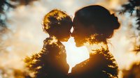 Tender silhouette of mother and child touching foreheads at sunset, backlit with golden sunlight through trees creating dreamy atmospheric mood.