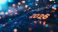 Glowing 2026 numbers on futuristic digital surface with bokeh lights and fireworks creating festive new year celebration atmosphere in blue tones.