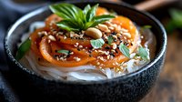 Fresh salmon sashimi bowl with rice noodles, sesame seeds and herbs. Asian cuisine dish for restaurant menu, food blog or culinary presentation.