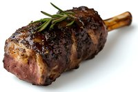 Juicy grilled lamb chop with fresh rosemary sprig garnish on white background, medium rare cooking, glazed with balsamic reduction and black pepper seasoning.