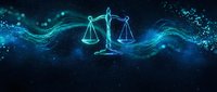 Digital justice scales glowing in cosmic blue space with flowing energy waves and sparkling particles for legal technology concepts.