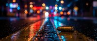 Spent bullet casing lies on wet asphalt street with blurred city lights and neon reflections at night, suitable for crime, noir, and urban storytelling projects.