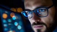 Young professional man with glasses working late at computer screen with blue light reflection creating focused concentrated expression for technology and business concepts.
