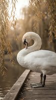 Elegant white swan standing on wooden dock beside tranquil lake with weeping willow branches creating peaceful natural scene during golden hour sunset.