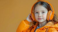 Young girl wearing bright orange winter jacket and matching headphones looking directly at camera with gentle expression against blurred warm background.
