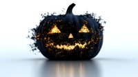Glowing black halloween pumpkin with magical sparkle effect and golden light emanating from carved face against white background, creating spooky festive atmosphere.