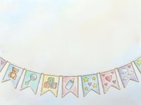 Pastel bunting banner with baby icons including bottle, rattle, blocks and hearts, isolated on white background for nursery decor and baby shower designs.