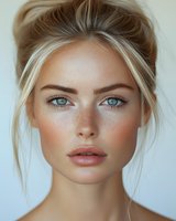 Young Caucasian woman with natural freckles, blue eyes, and blonde hair in updo style against light background. Soft makeup and fresh glowing skin for beauty and cosmetic advertising.