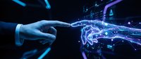 Human hand reaching toward glowing digital brain with neural networks and data streams in futuristic technology concept for AI and machine learning applications.