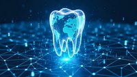 Digital tooth hologram with global network connections on futuristic blue technology background for modern dental healthcare and telemedicine concepts.