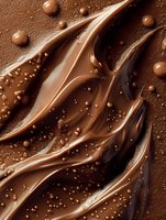 Swirling melted milk chocolate texture with smooth waves and droplets creating abstract pattern. Rich brown tones and glossy surface for confectionery designs.