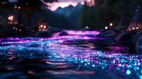 Magical water surface with glowing neon purple and blue bokeh lights reflecting on rippling waves creates dreamy nighttime atmosphere. Artistic macro photography.