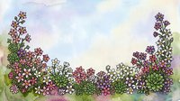 Watercolor floral border with pink, purple, and white wildflowers on soft pastel background, perfect for greeting cards and invitations.