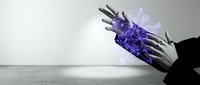Businessman hands with glowing purple digital network connections and data visualization effects representing technology innovation and digital transformation.