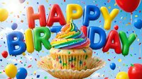 Rainbow cupcake with colorful frosting surrounded by balloons and confetti, with bold happy birthday letters on bright blue background.