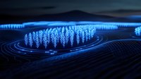 Glowing blue digital forest landscape with illuminated trees and flowing data streams on dark background creates futuristic visualization of nature and technology.