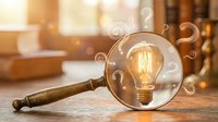 Magnifying glass revealing glowing incandescent bulb with decorative swirls, symbolizing innovation, discovery, and creative ideas for business and educational content.