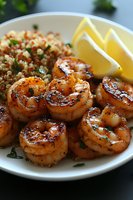 Grilled spicy shrimp served with quinoa and fresh lemon wedges on white plate, garnished with herbs. Close-up of seafood dinner with golden-brown seared prawns.