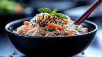 Asian glass noodles with vegetables and sesame seeds in black bowl with chopsticks, healthy stir-fry meal ready to eat.