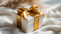 Elegant white gift box with luxurious golden ribbon bow on soft fabric background for special occasions and celebrations.
