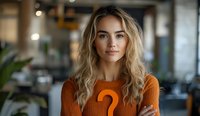 Young Caucasian woman with long wavy blonde hair wearing orange sweater smiling confidently in modern office setting with soft bokeh background and natural lighting.