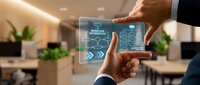 Business professionals using digital tablet with smart home automation interface in modern office environment for IoT technology management.