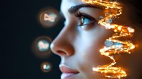 Close-up profile of young woman with glowing golden light spiral around her face against dark background, creating magical atmosphere.