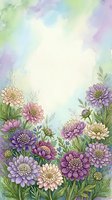 Watercolor floral border with purple, pink and cream blooms on soft pastel background with copy space for greeting cards and invitations.